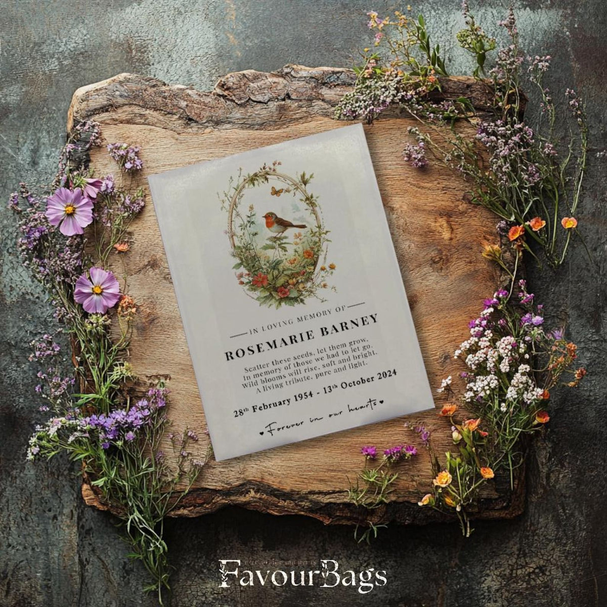 Wildflower Memorial Seed Favours – Robin and Flowers