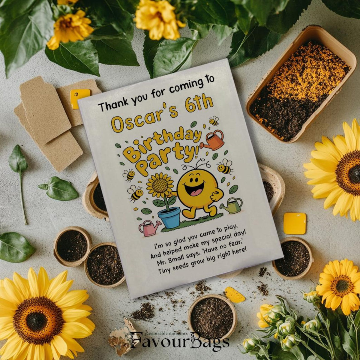 Smiling Sunflower Birthday Seed Favours