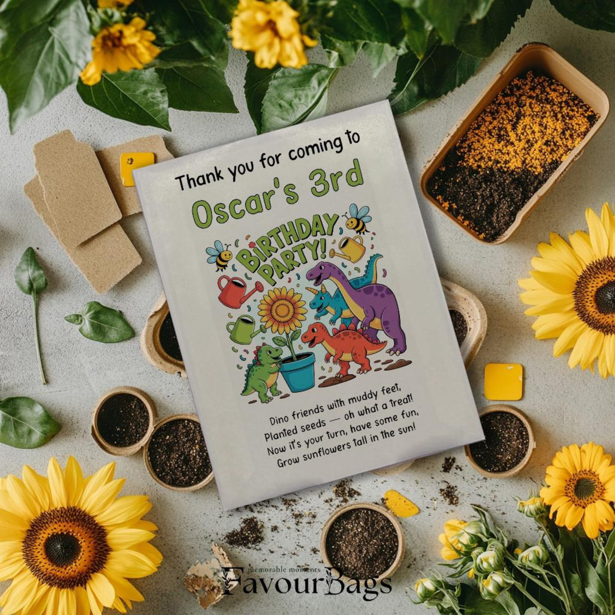 Dino Friends Sunflower Birthday Seed Favours