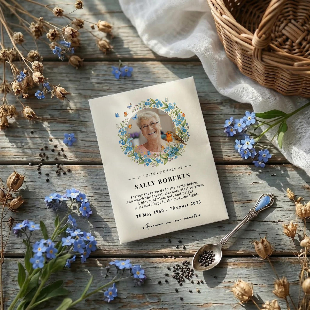 Forget-Me-Not Photo Memorial Seed Favours – Floral Wreath