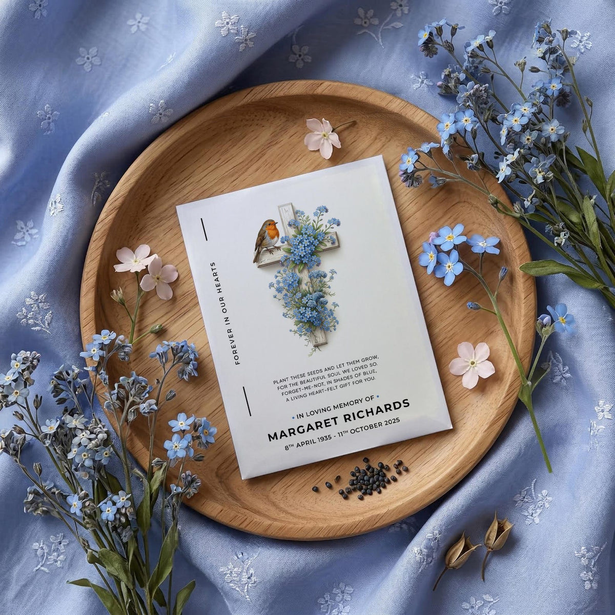 Forget-Me-Not Memorial Seed Favours – Cross and Robin