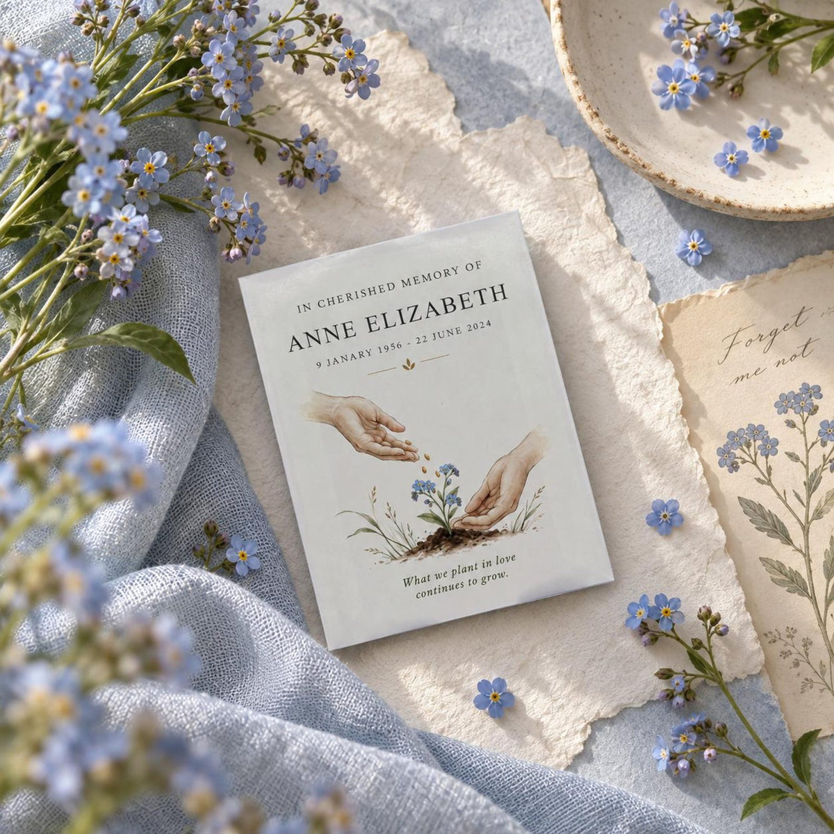 In Cherished Memory Forget-Me-Not Seed Favours – Helping Hands