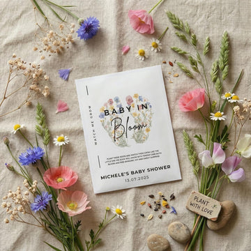 Baby in Bloom personalised seed packet on linen with wildflowers