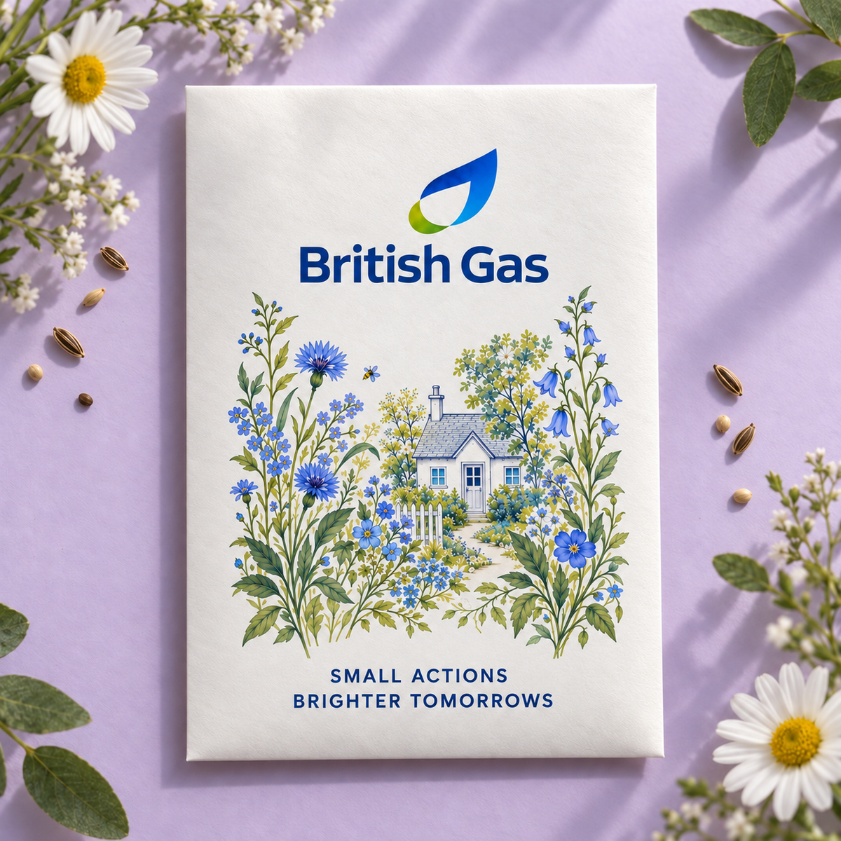 British Gas branded favour packet with a blue wildflower garden, softly lit on a lavender background