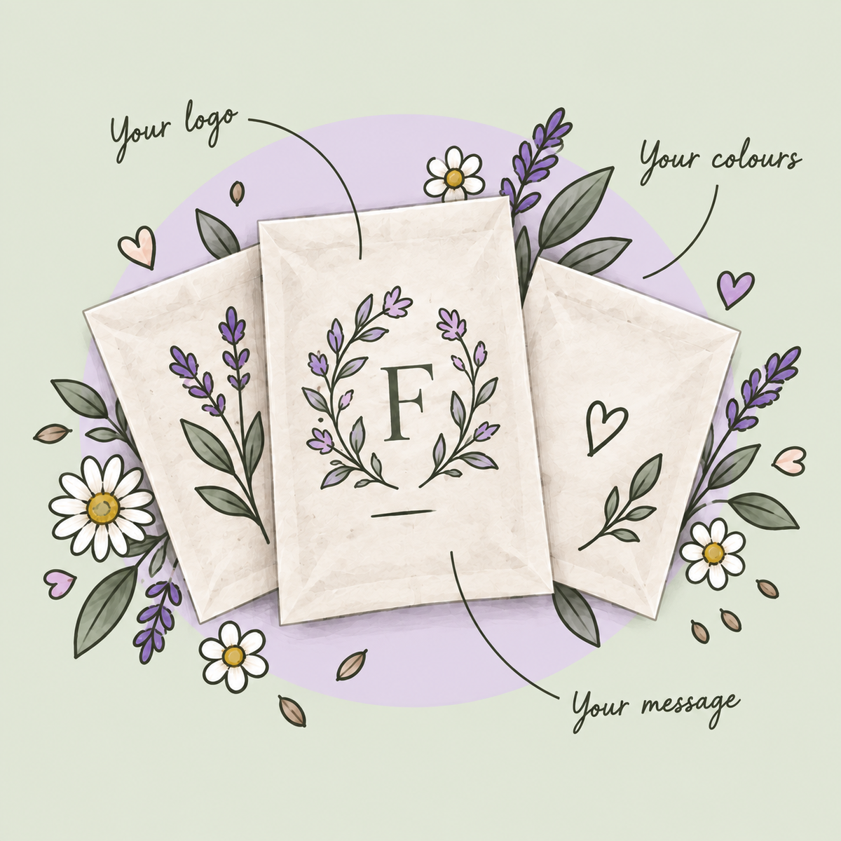 Botanical favour packets, personalised with your logo, your colours and your message.