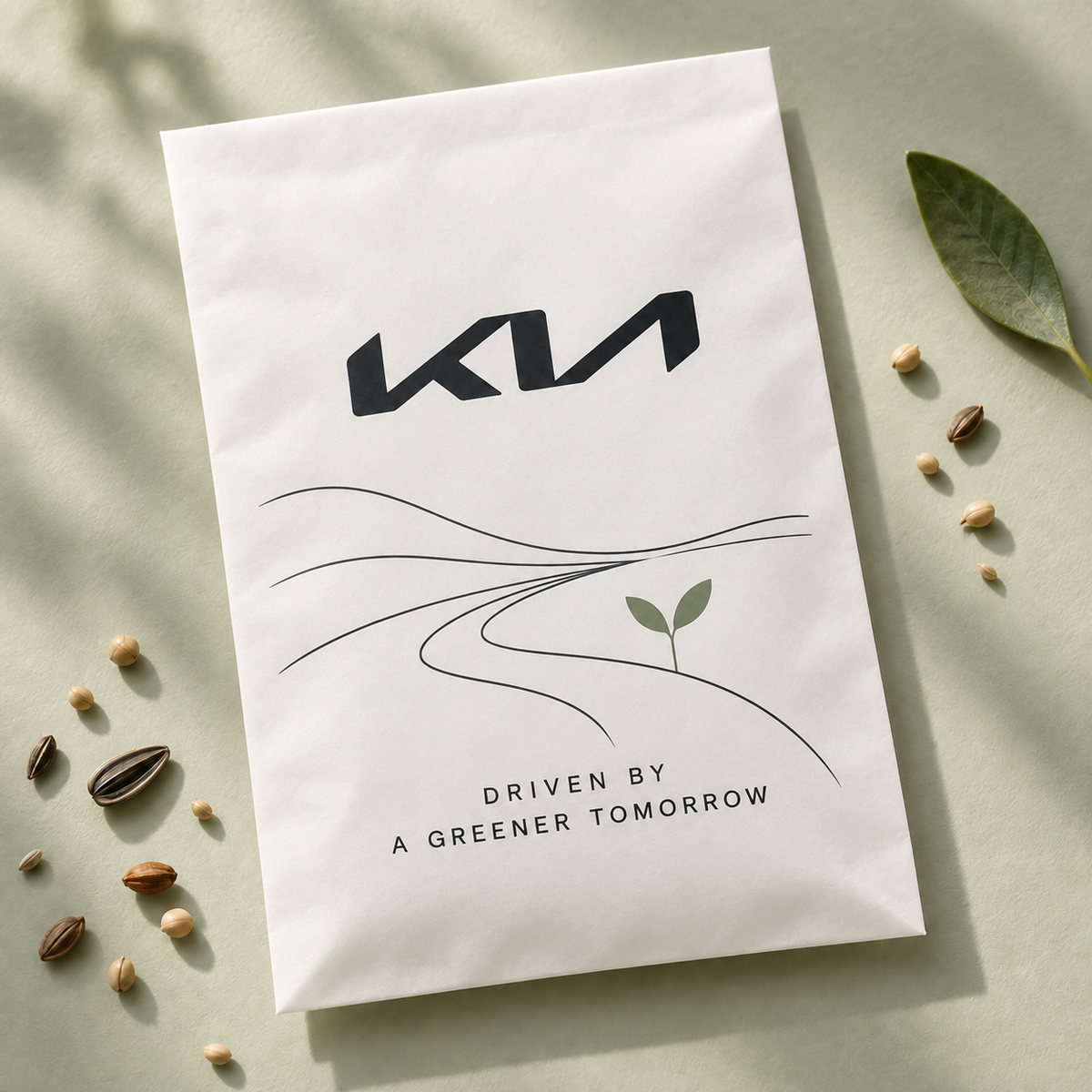 Illustrative kia seed favour design on a pale paper packet