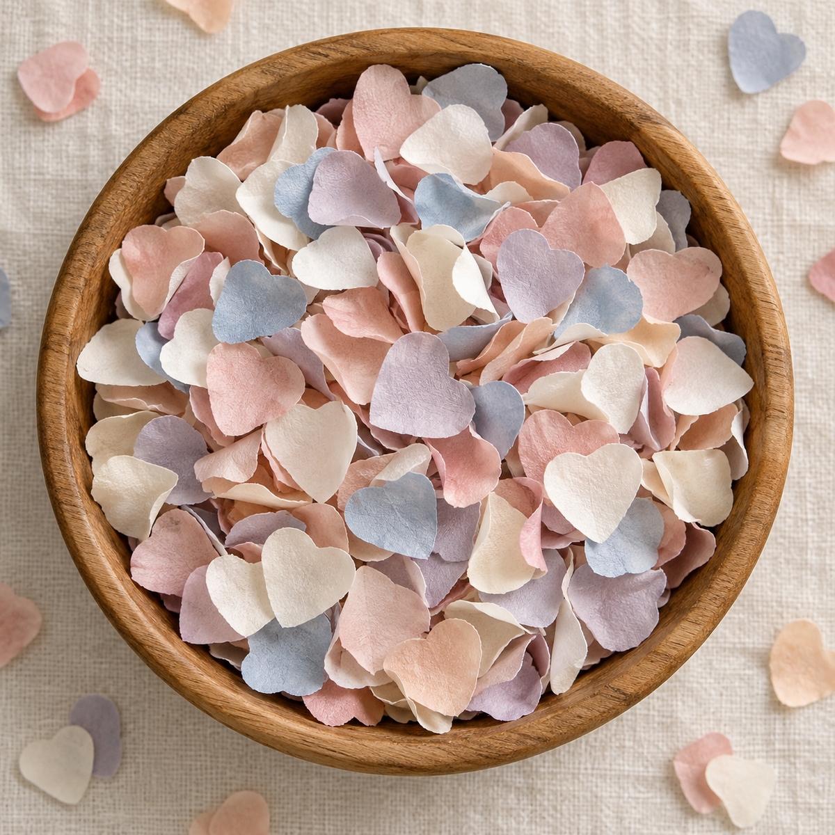 Pastel heart confetti in a wooden bowl.