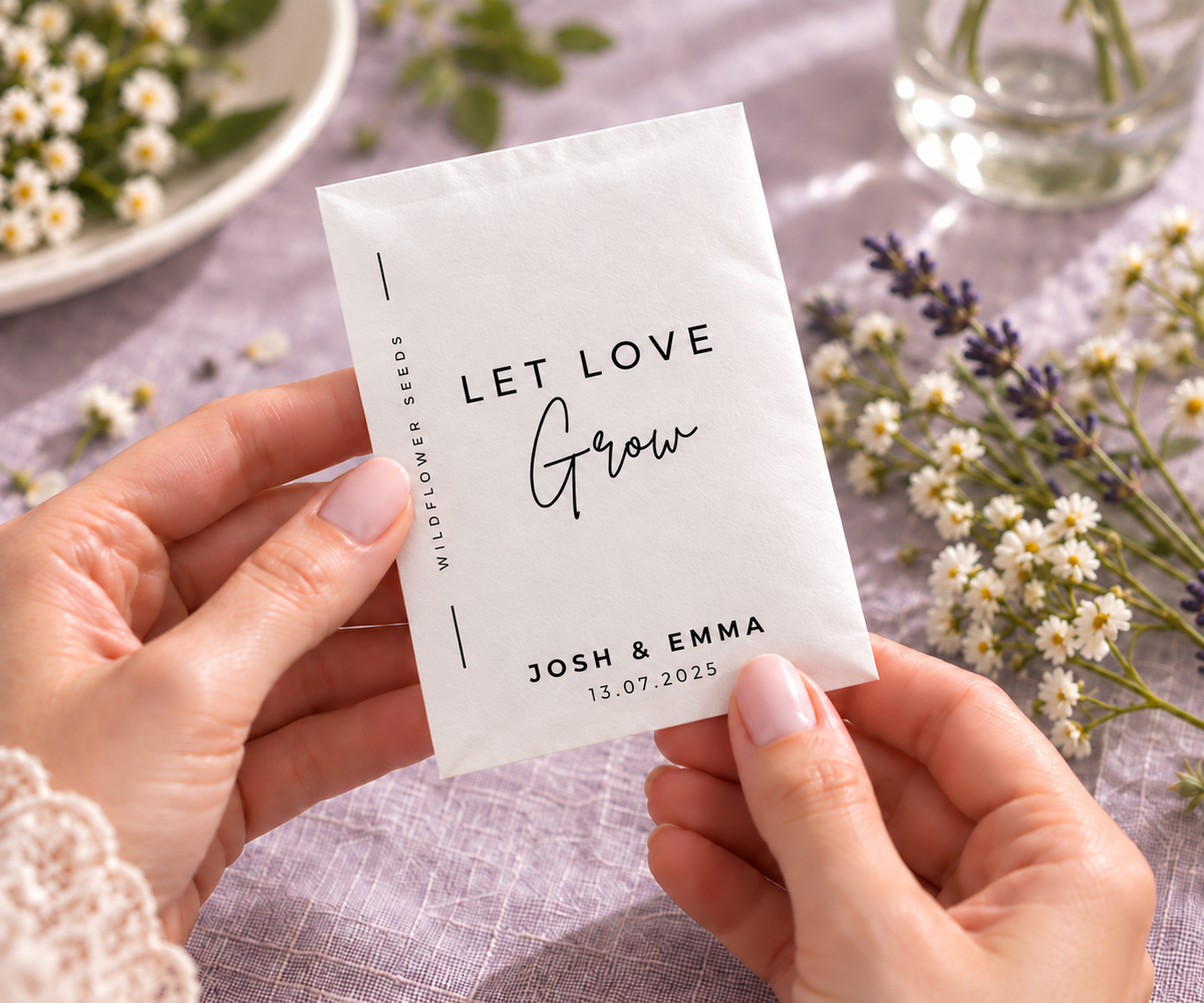 Hands holding a personalised Let Love Grow favour in an opaque white paper packet on lavender linen