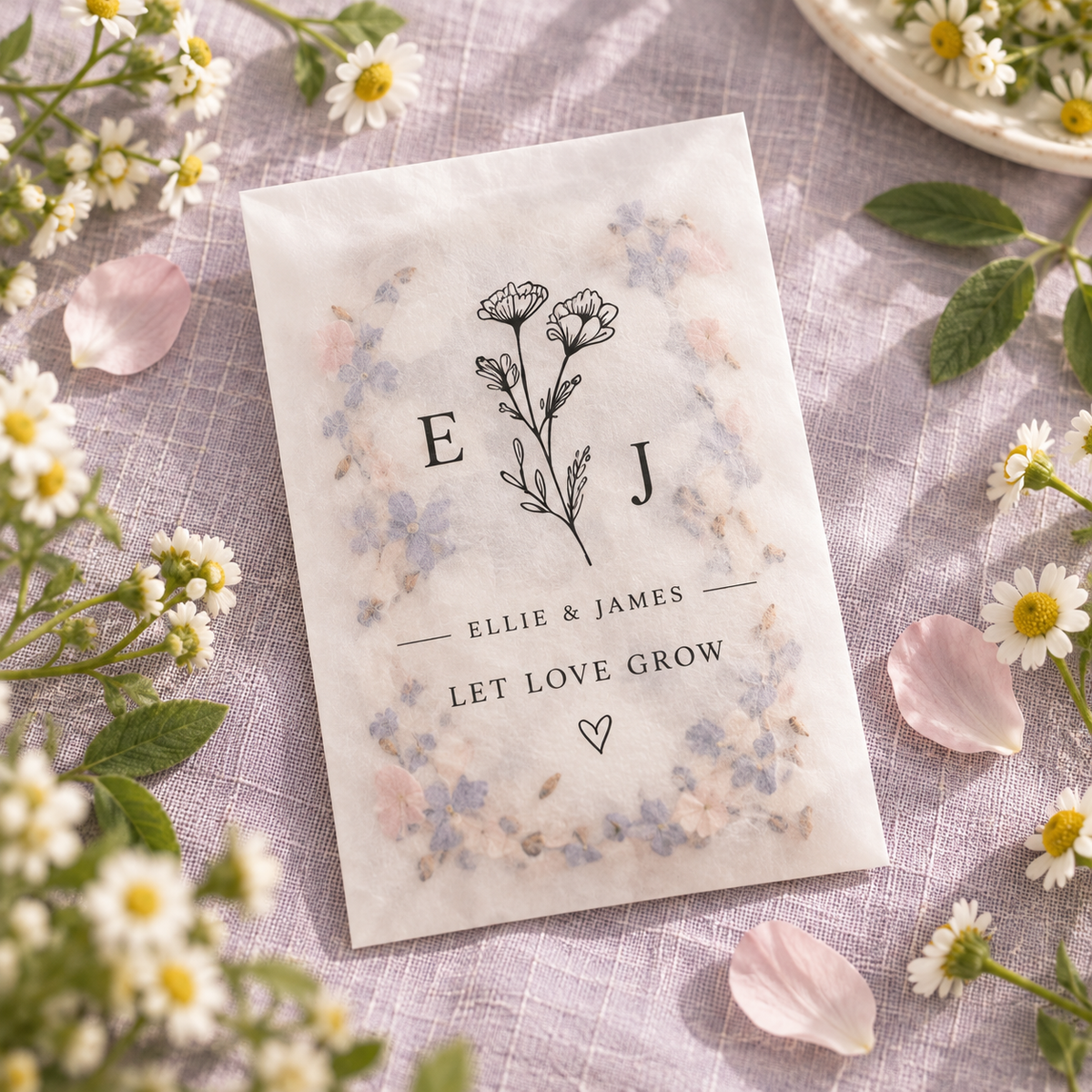 Personalised botanical seed favour on lavender linen with daisies.