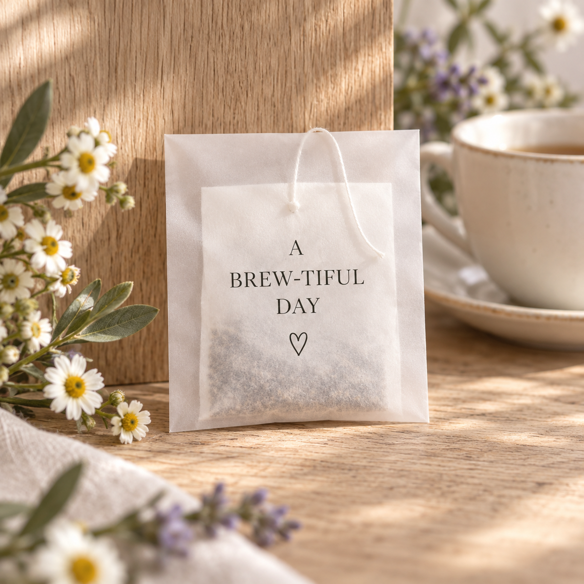 A brew-tiful day tea favour in a vellum sleeve.