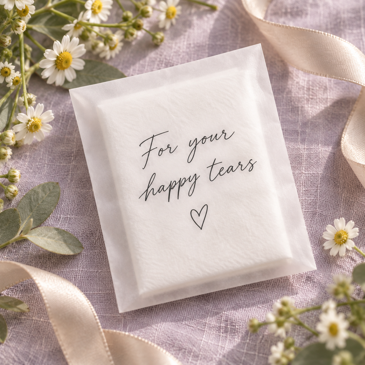 For your happy tears personalised tissue favour on lavender linen.